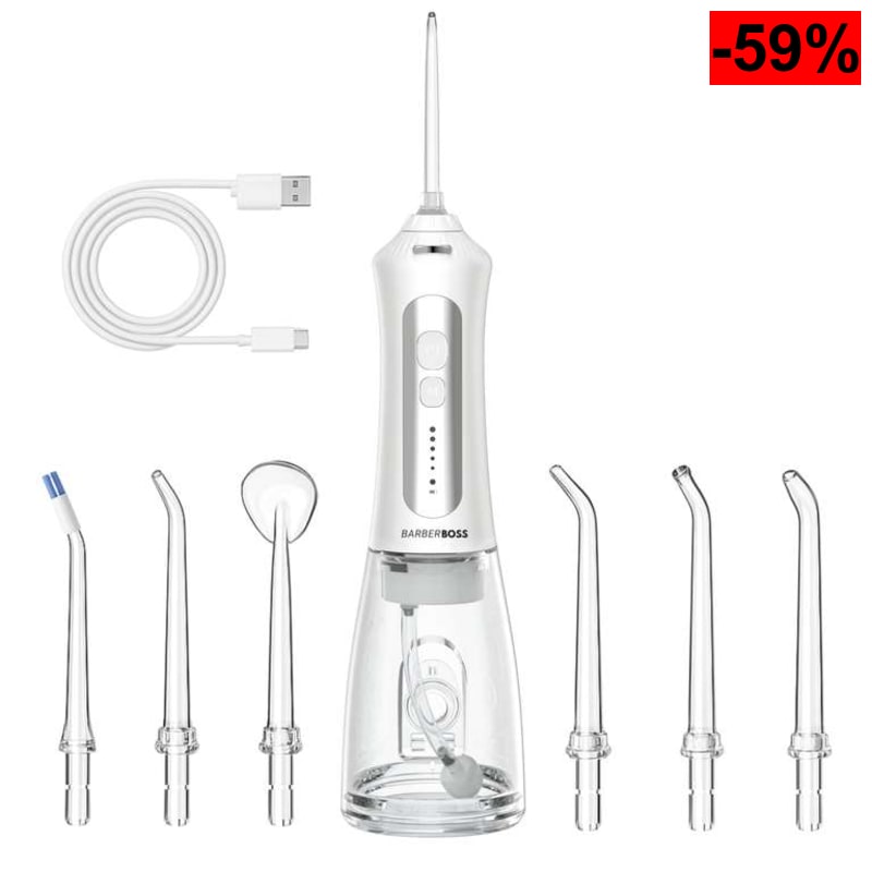 Barberboss portátil, irrigador oral recargable, kit de hilo dental con 5 ajustes de presión, 5 boquillas intercambiables, tanque de 300 ml