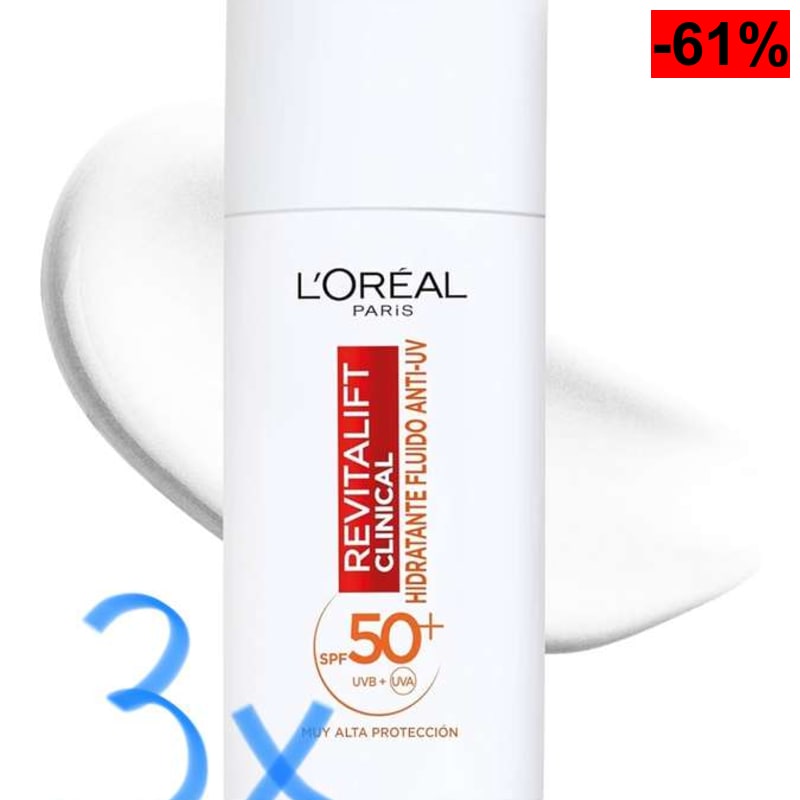 3 x L'Oreal Paris Revitalift Clinical Fluido Hidratante Anti-UV SPF50+. Protege tu Piel del sol. Previene Líneas y Manchas. Invisible, 50ml.