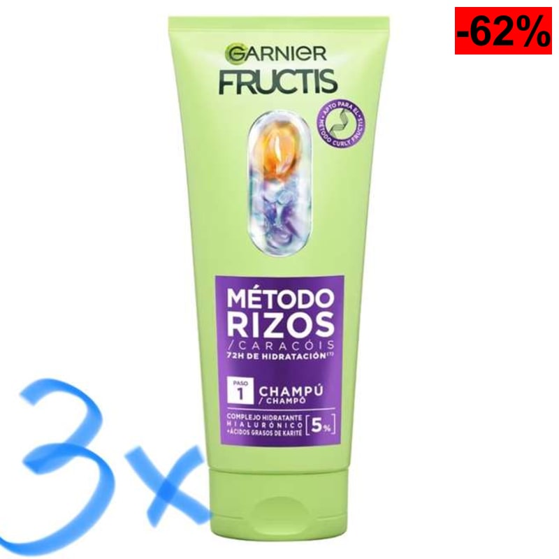 3 x Garnier Fructis Método Rizos Champú con Ácido Hialurónico y Karité, 200ml. Hidratación, Anti-Encrespamiento, Sin Sulfatos ni Silicionas