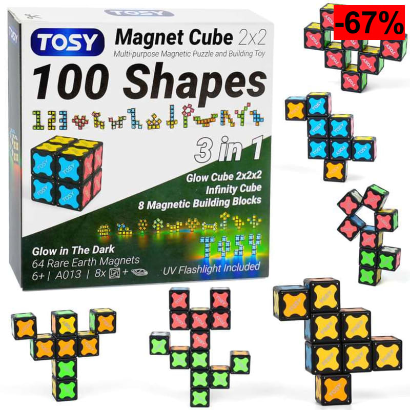 TOSY Magnet Cube 2x2 - 8 Bloques, Juguete 2 en 1: Rompecabezas magnético y Cubo Infinito, Brilla con luz UV, Linterna UV incluida