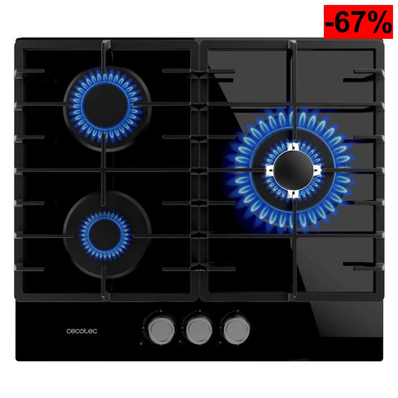 Cecotec Placa de Gas 3 Fuegos Bolero Squad GN 3200F Glass Black. 6,25kW, Preparada para Gas Natural, Cristal Negro