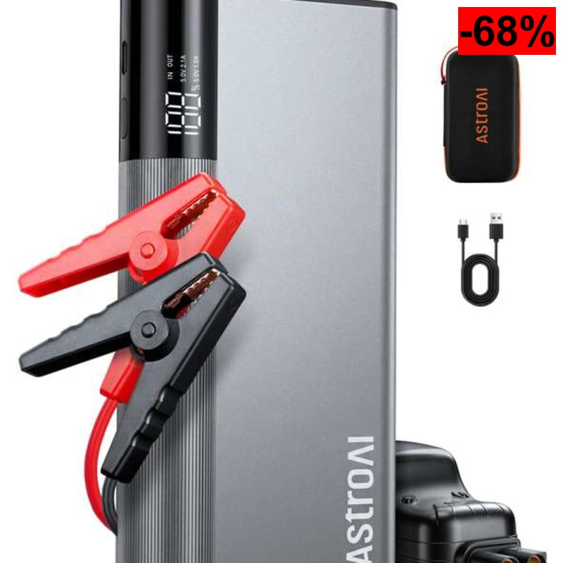 AstroAI Arrancador de Batería de Coche 8000A de Aluminio Ultrarresistente 3 en 1 Jump Starter Portátil