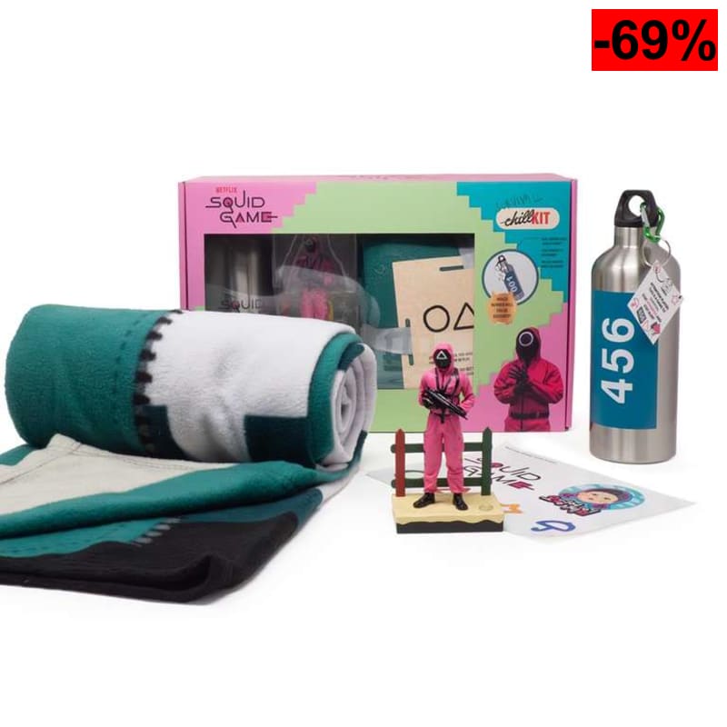Neamedia Icons Netflix Chill Kit - Juego del calamar, con licencia oficial, manta polar, figura coleccionable, botella de acero inoxidable