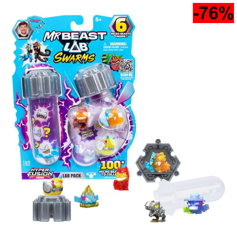 (Reaco - Como nuevo) MrBeast Lab Swarms Serie Hyper Fusion, colecciona +100 enjambres, el Pack de Laboratorio Incluye 6 microbestias