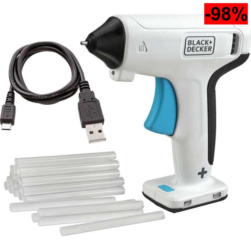 Pistola de cola termofusible BLACK+DECKER BCGL115-XJ 3,6V con batería 1,5Ah, calentamiento 30 s, USB, LED y 20 barras