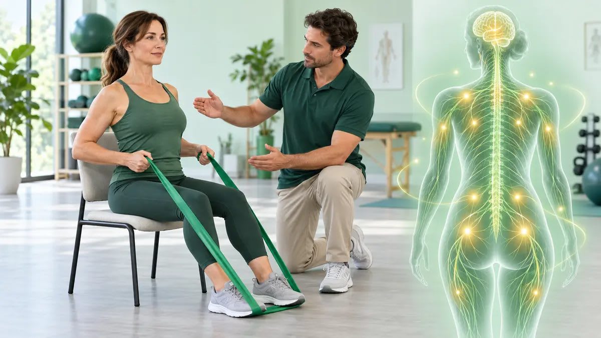 Fibromiyaljide fizyoterapist eşliğinde direnç bandıyla egzersiz yapan kişi ve ağrı işlemeyle ilişkili sinir sistemi görünümü