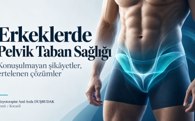 Erkeklerde Pelvik Taban Sağlığı başlığı, erkek gövdesi ve pelvik bölgeyi vurgulayan mavi tonlarda stilize çizim.