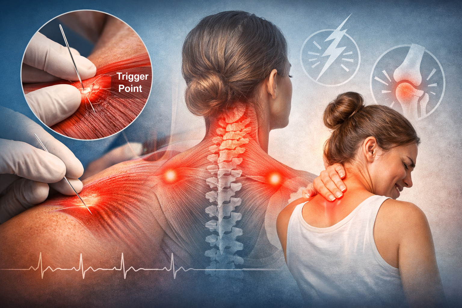 Kuru iğneleme tedavisinin trigger pointler üzerindeki etkisini gösteren yatay görsel. Boyun ve omuz kaslarında yer alan trigger pointler, kas yapısı ve yansıyan ağrı bölgeleri anatomik olarak vurgulanmıştır.