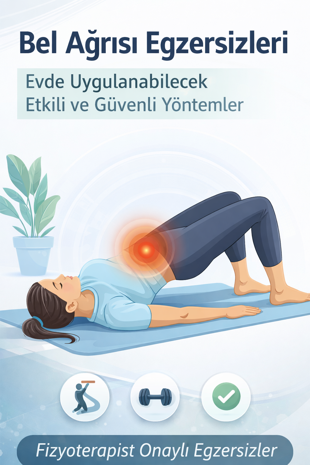 Bel ağrısı için sırtüstü köprü egzersizi yapan kişi – evde bel güçlendirme hareketi