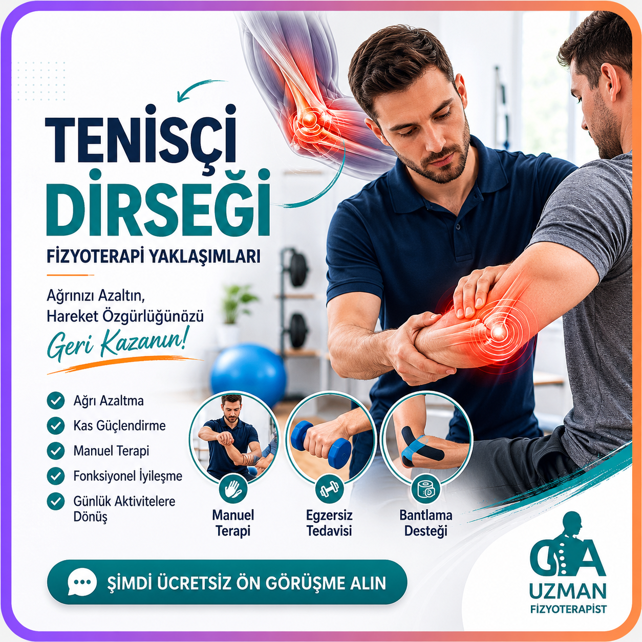 Tenisçi dirseği olan hastada dirsek ağrısına yönelik fizyoterapi değerlendirmesi ve egzersiz uygulaması yapan fizyoterapist
