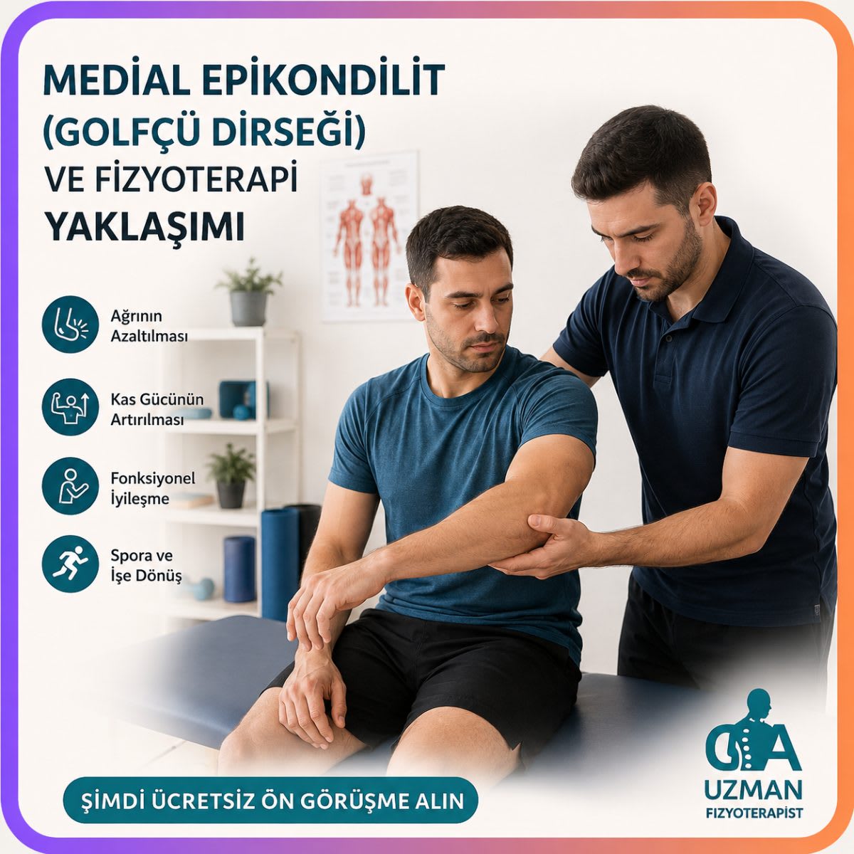 Medial epikondilit ve golfçü dirseğinde fizyoterapi yaklaşımını, egzersizleri, yük yönetimini ve rehabilitasyon sürecini profesyonel olarak keşfedin.