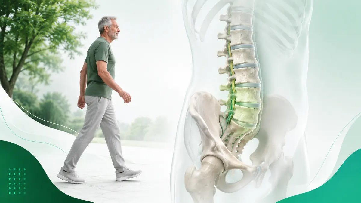 Bel kanal darlığında yürüyüş kapasitesi ve bel omurgasını gösteren anatomik görsel