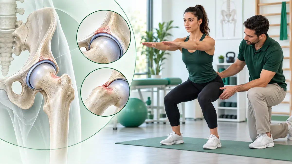 Kalça eklemindeki cam ve pincer tipi sıkışmayı gösteren anatomik görsel eşliğinde çömelme hareketini değerlendiren fizyoterapist