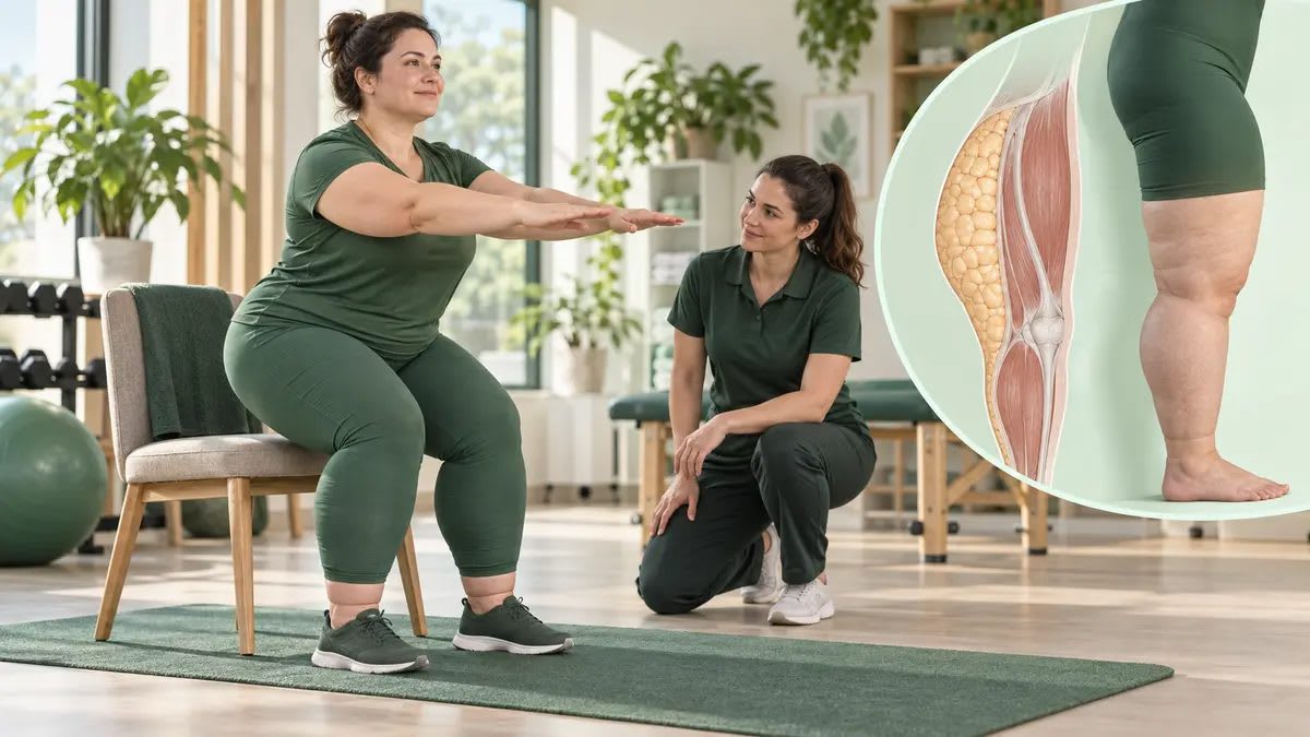 Lipödemli bireyin fizyoterapist eşliğinde destekli oturup kalkma egzersizi yapması ve bacağın deri altı yağ dokusu anatomisi