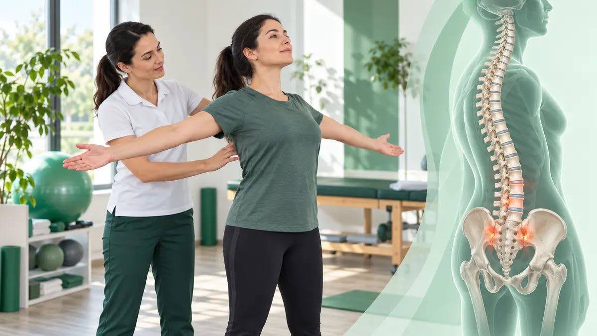 Ankilozan spondilitte omurga ve göğüs kafesi hareketini fizyoterapist eşliğinde çalışan hasta ile sakroiliak eklem anatomisi