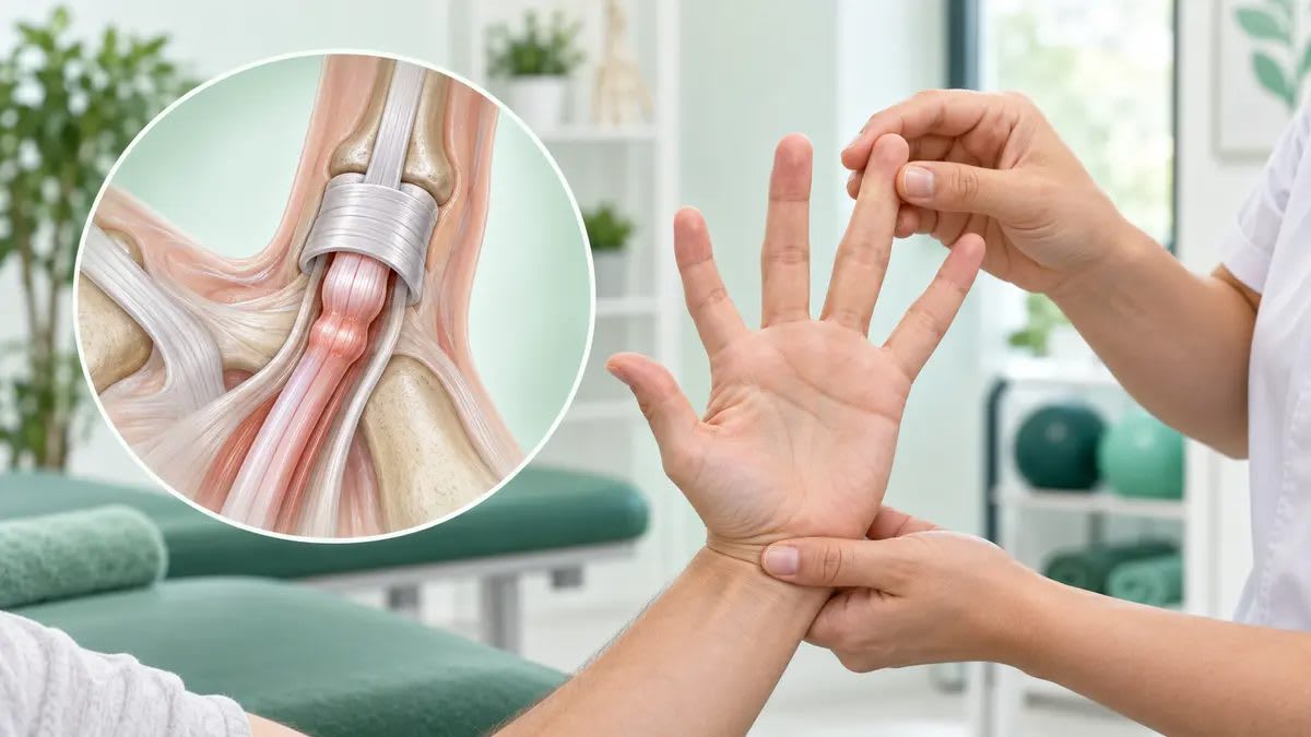 Tetik parmakta fleksör tendon ve A1 pulley ilişkisini gösteren anatomik görsel eşliğinde el egzersizini değerlendiren fizyoterapist