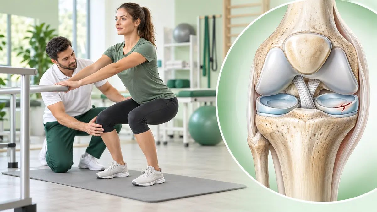 Menisküs yırtığında kontrollü çömelme hareketini değerlendiren fizyoterapist ve diz eklemindeki medial menisküs yırtığının anatomik görünümü