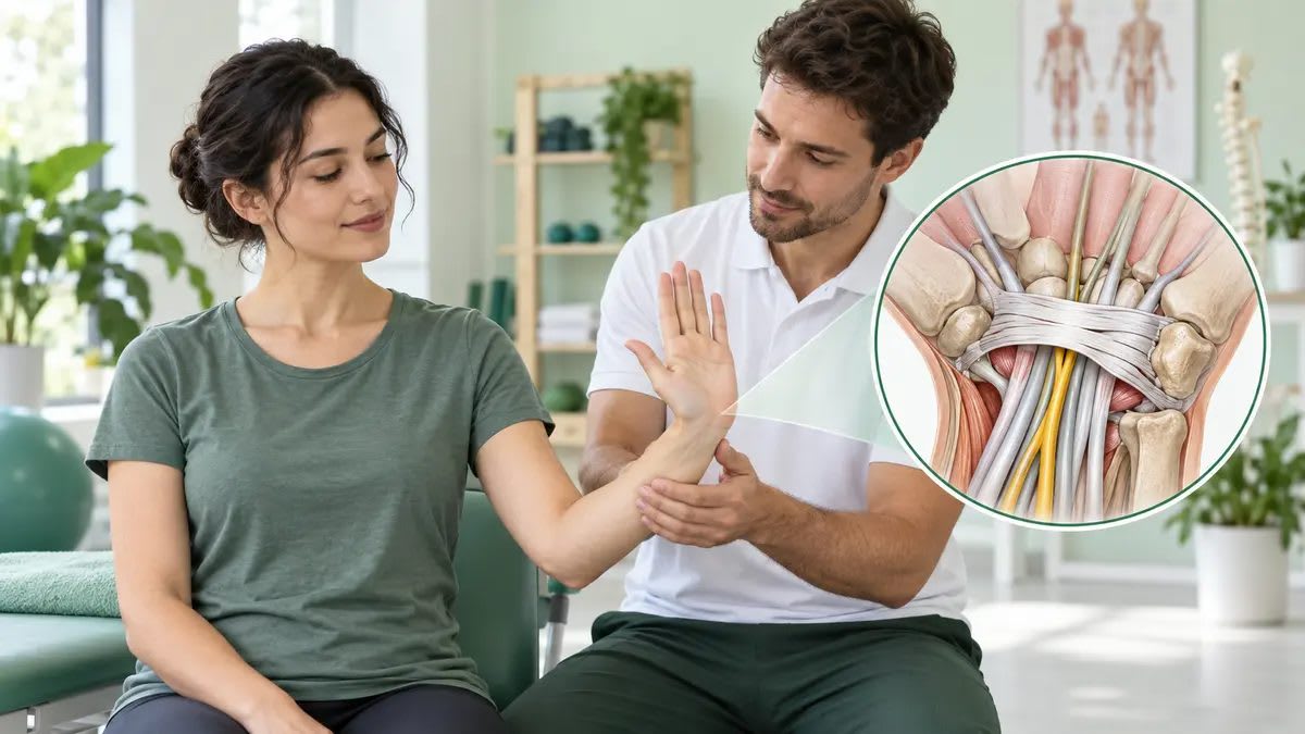 Karpal tünelde median sinir kaydırma hareketini fizyoterapist eşliğinde yapan kişi ve el bileğindeki karpal tünel anatomisi
