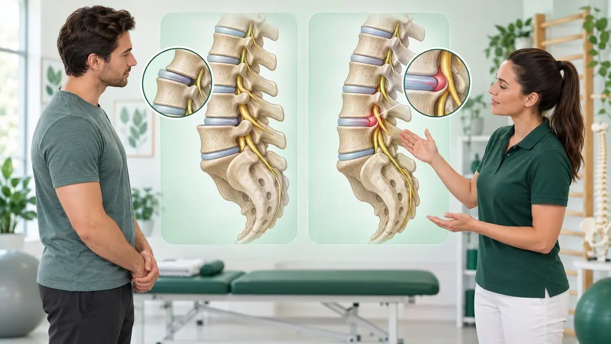 Bel kaymasındaki omur yer değiştirmesi ile bel fıtığındaki disk taşmasını karşılaştıran fizyoterapist ve bel omurgası anatomisi