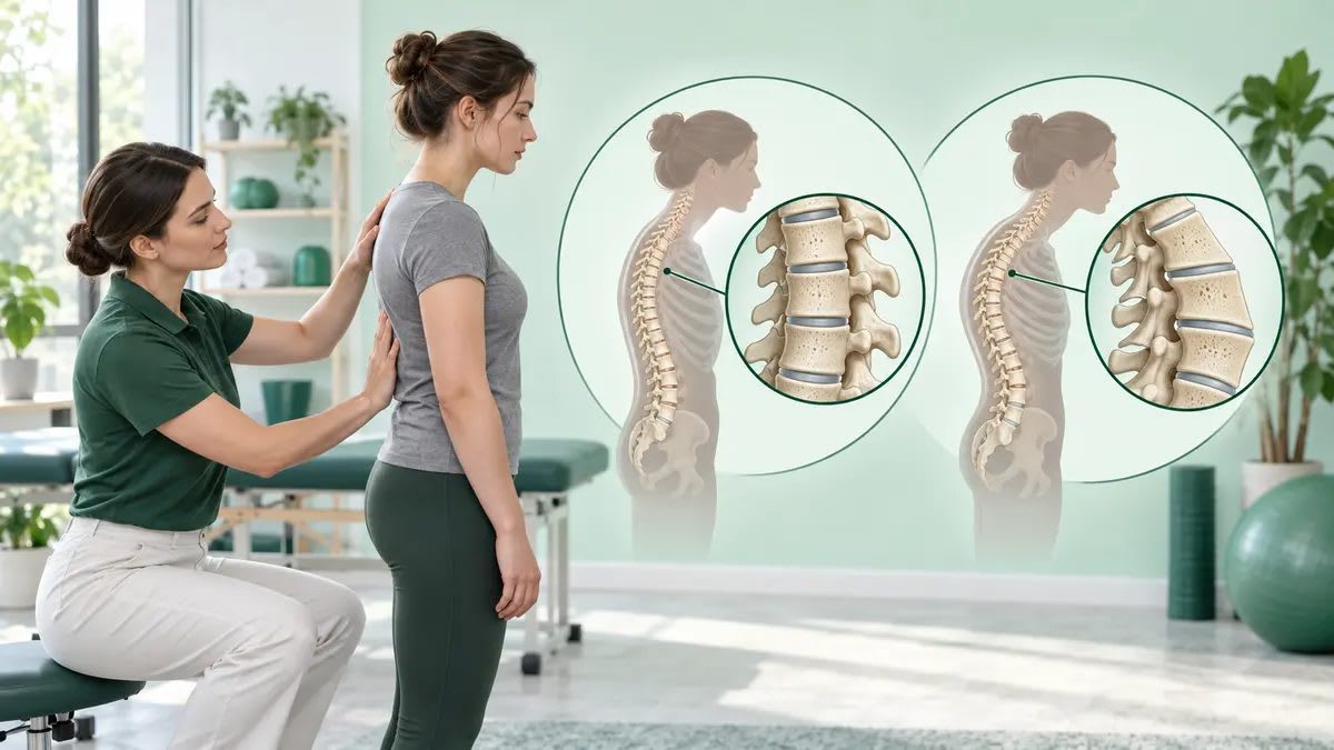 Kifoz ile postüral sırt yuvarlaklığını karşılaştıran fizyoterapist ve yapısal omur kamalaşmasını gösteren sırt anatomisi