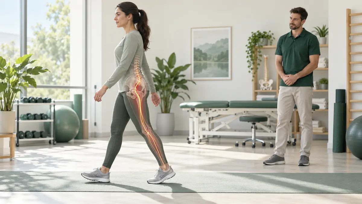 Fizyoterapi kliniğinde yürüyüş yapan kişide belden bacağa uzanan siyatik sinirin anatomik gösterimi