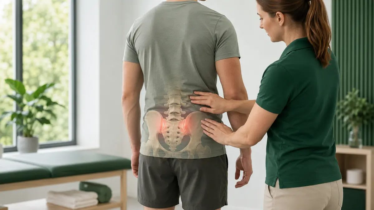 Sakrum, pelvis ve iki sakroiliak eklemdeki inflamasyon bölgelerini gösteren fizyoterapi değerlendirme görseli