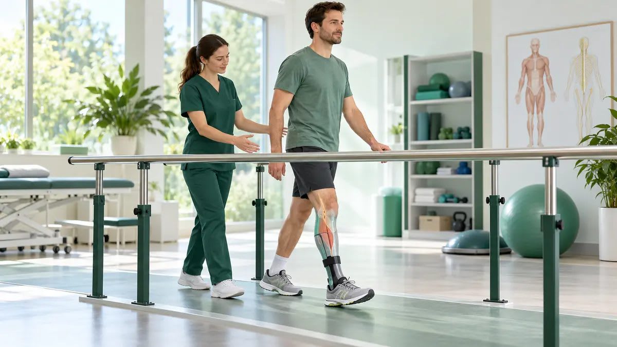 Fizyoterapi kliniğinde AFO ile güvenli yürüme eğitimi yapan düşük ayak sorunu olan kişi