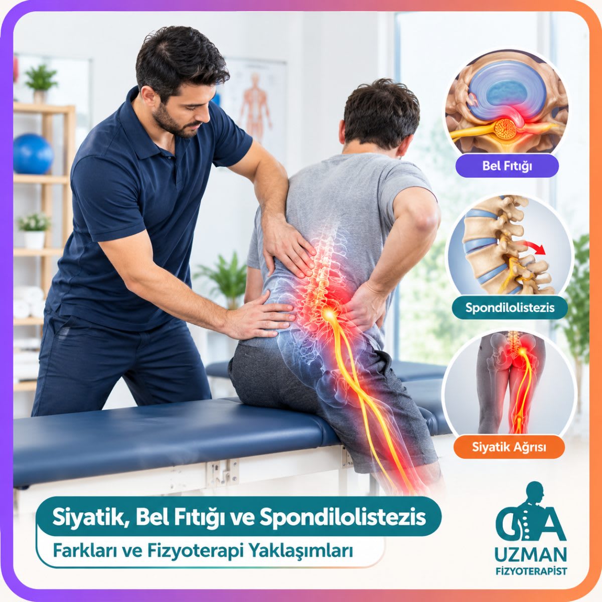 Siyatik ağrısı, bel fıtığı ve spondilolistezis birbirinden farklı durumlar olsa da benzer belirtiler oluşturabilir. Doğru klinik değerlendirme ve kişiye özel fizyoterapi programı, ağrı yönetimini ve günlük yaşam fonksiyonlarını destekleyebilir.