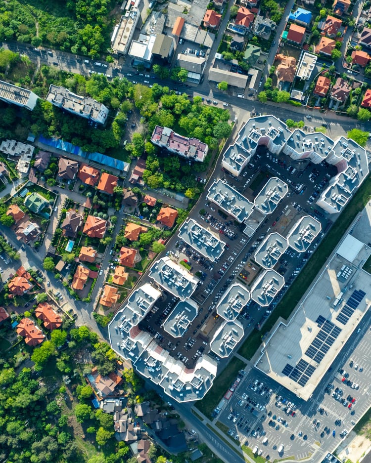 City and society from above. Streets and nature, property and enviroment.