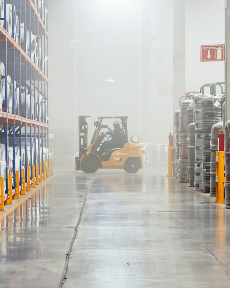 A misty warehouse scene with a truck driving through. Condensation hangs in the air. The floor is slightly wet.