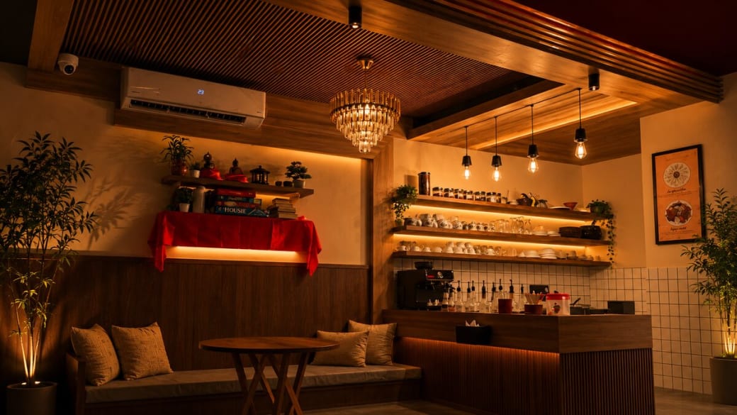 Warm café seating and coffee counter