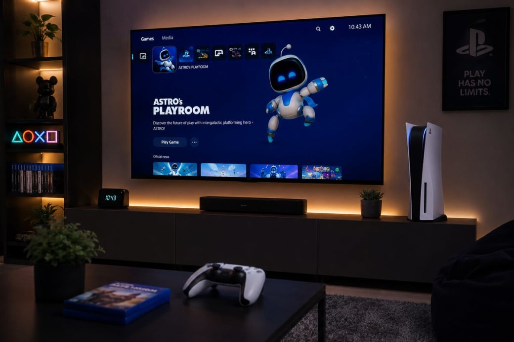 PS5 lounge with big-screen gaming