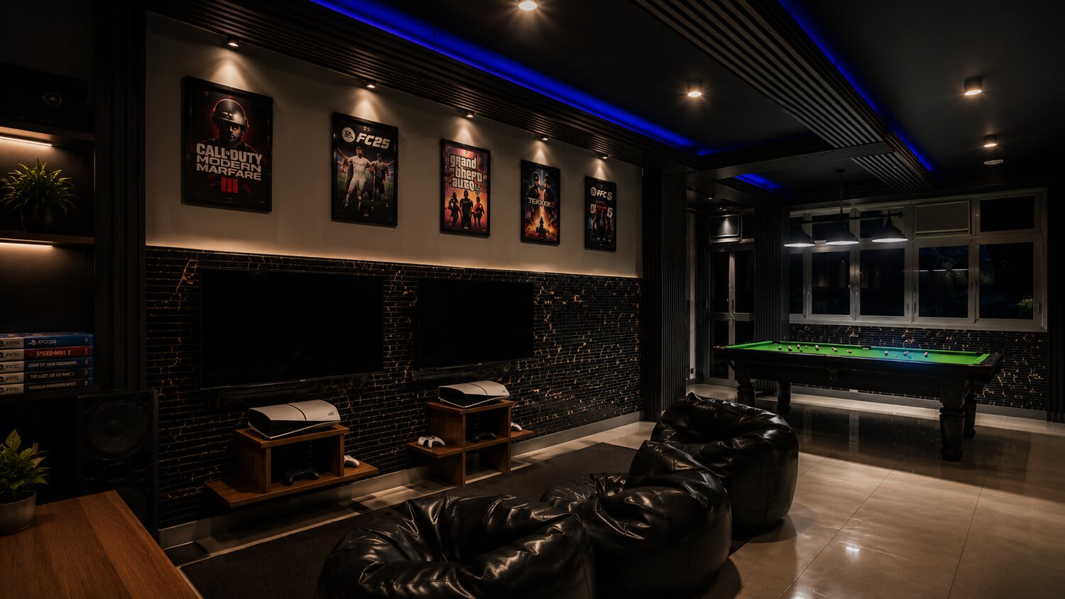 The gaming arena — PS5 stations, game posters and pool