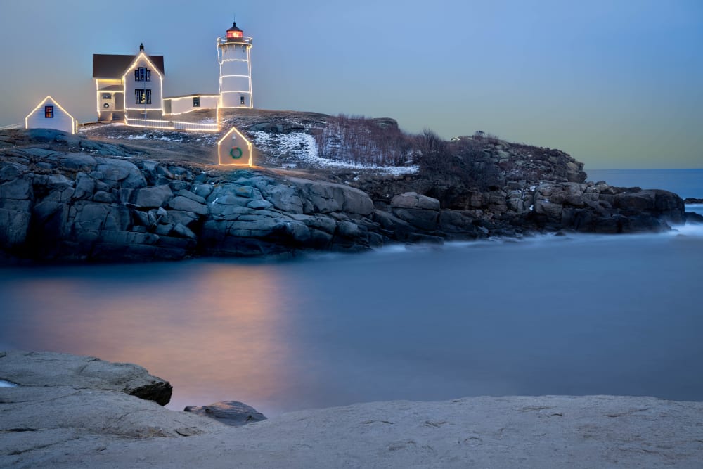 Nubble Lighthouse Christmas Lights at Dusk – York, Maine Holiday Magic