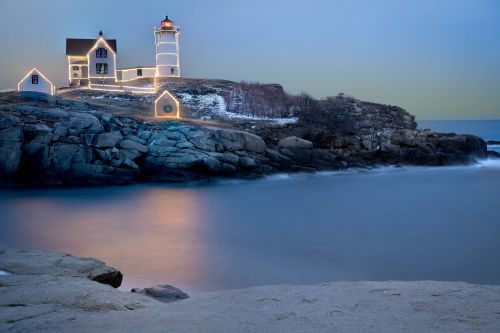 Nubble Lighthouse Christmas Lights at Dusk – York, Maine Holiday Magic