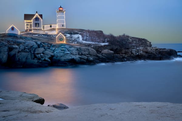 Nubble Lighthouse Christmas Lights at Dusk – York, Maine Holiday Magic