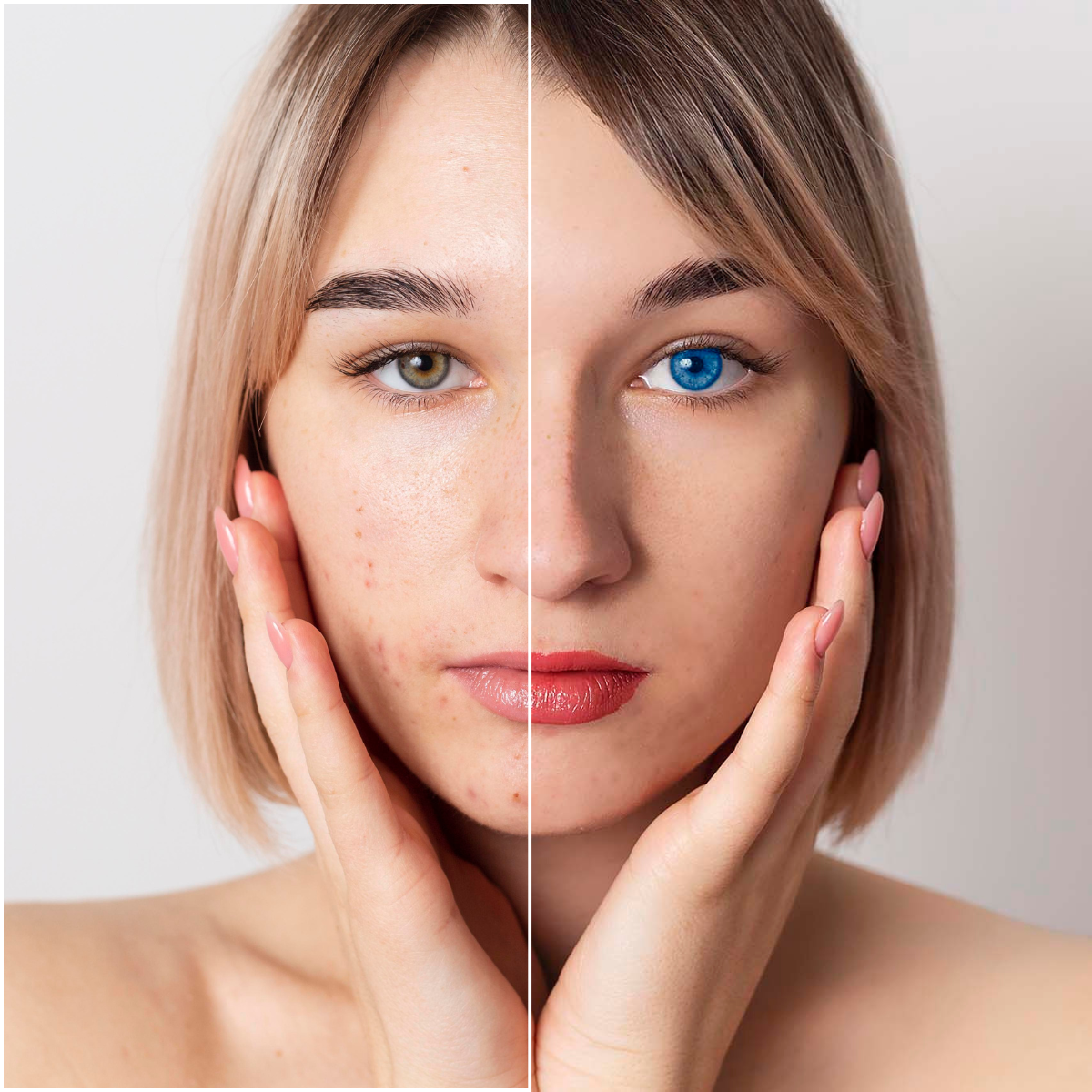 Before and after AI skin retouching