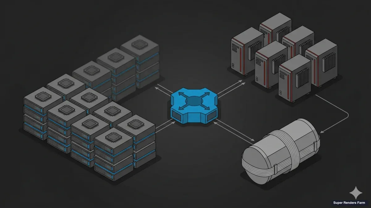 Diagramma dell'architettura della flotta con pool CPU, pool GPU, archiviazione condivisa e layer centrale di routing delle licenze