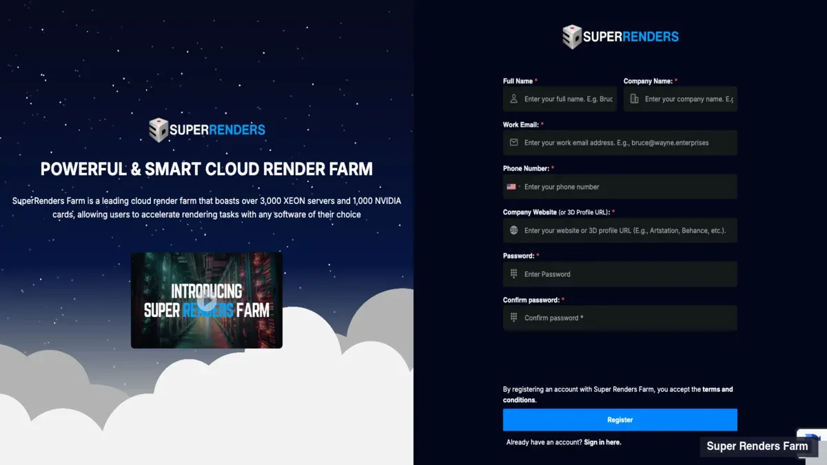 Biểu mẫu đăng ký trên superrendersfarm.com