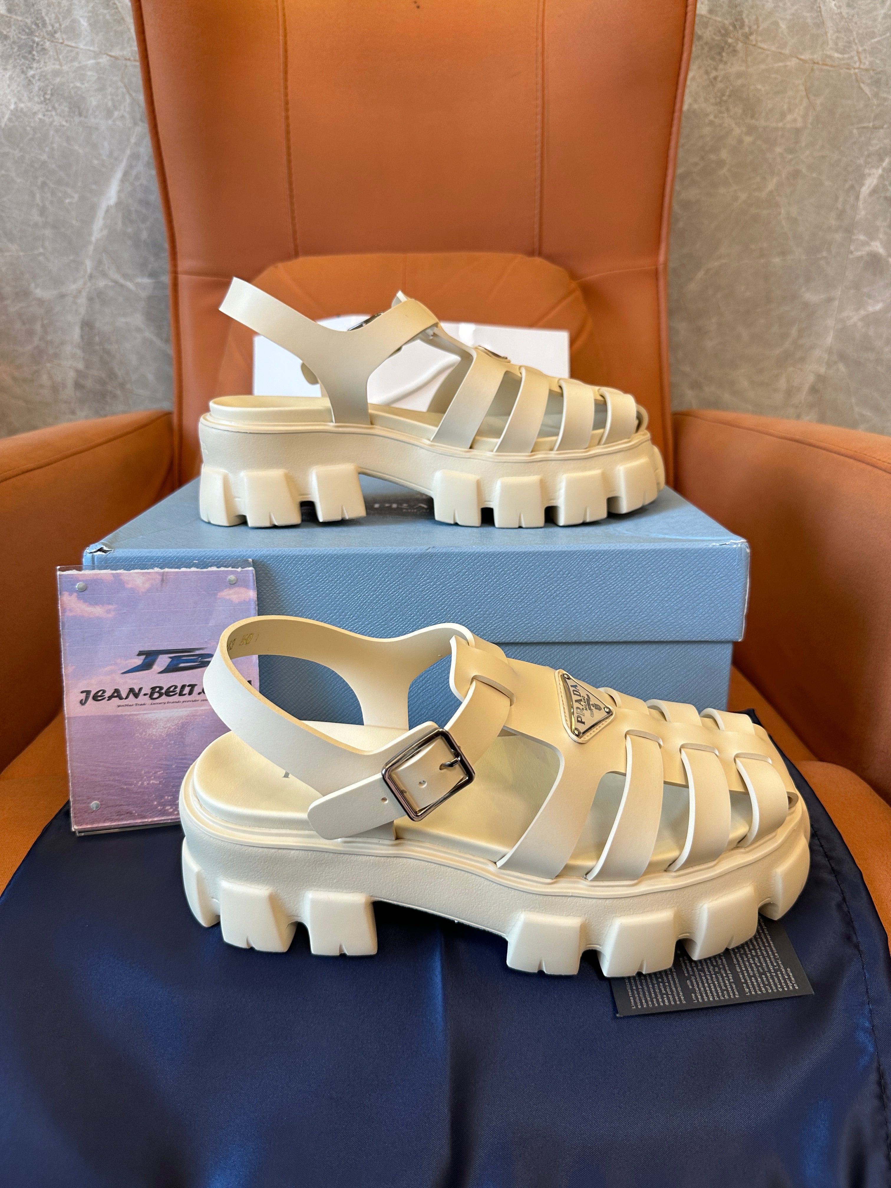 Prada Monolith Caged Leather Sandals Ivory Beige - view 2