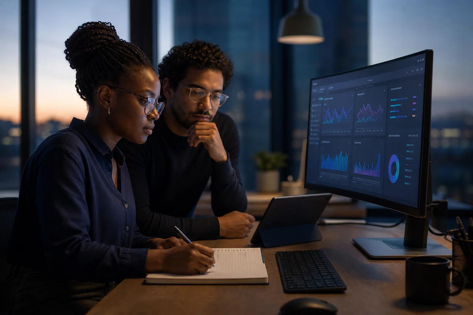 Illustrative operations scene: colleagues reviewing system information