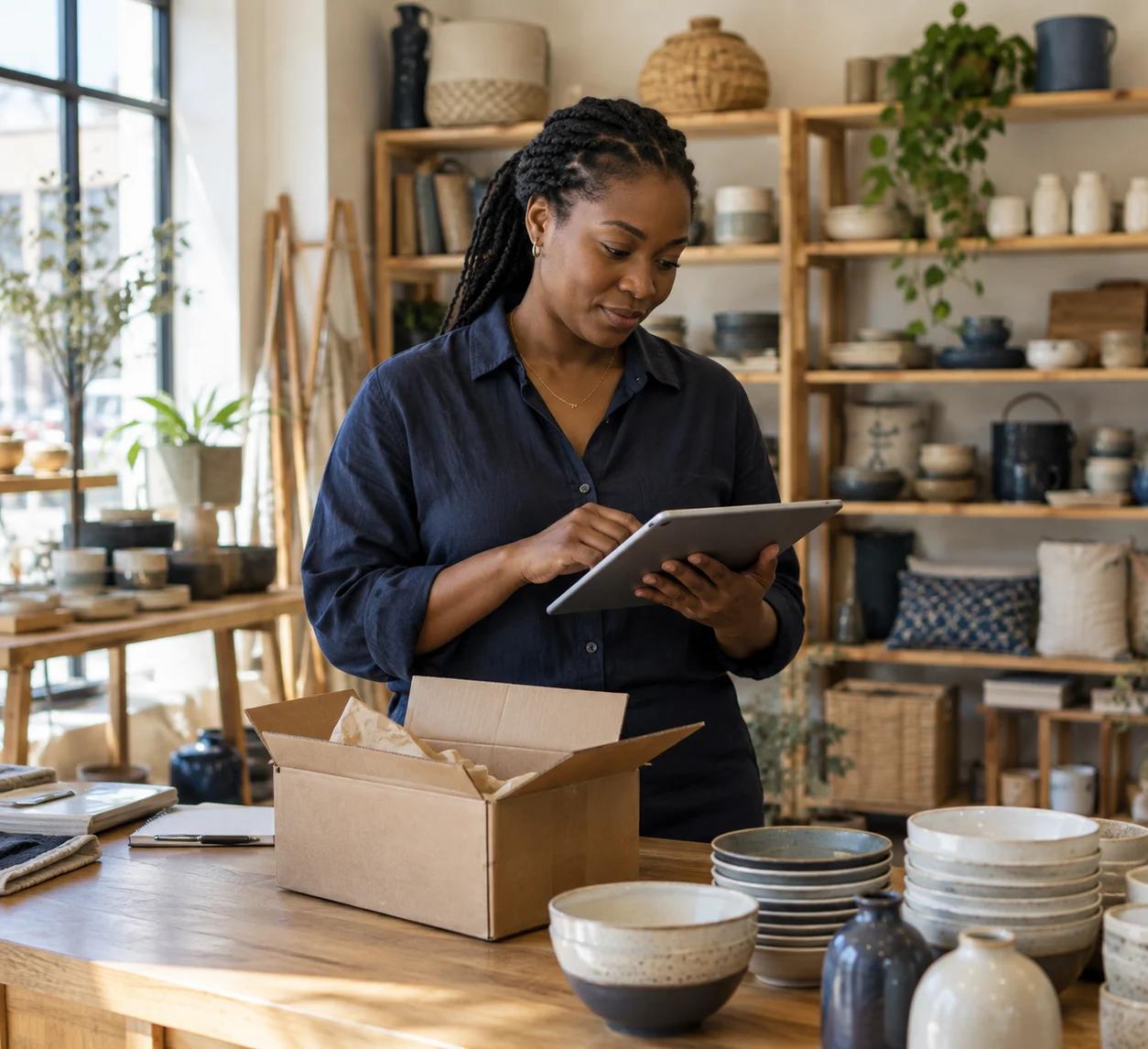 Illustrative retail scene: a shop professional reviewing an order beside a packing counter