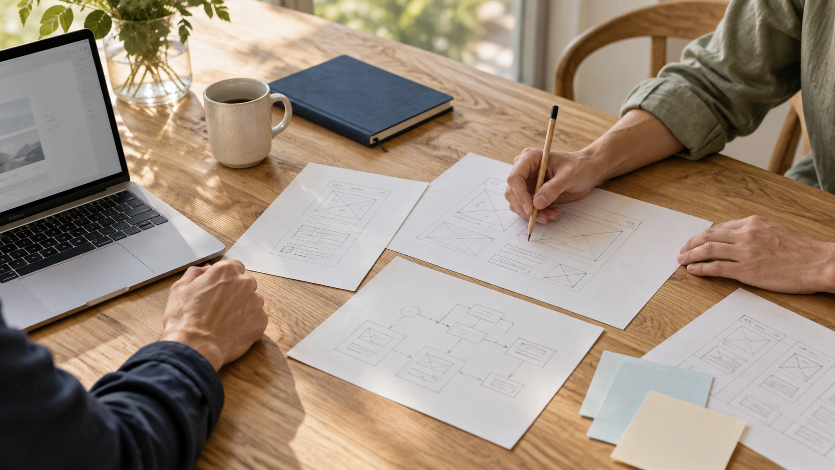Conceptual photograph of colleagues planning software around paper sketches and a laptop on an oak worktable