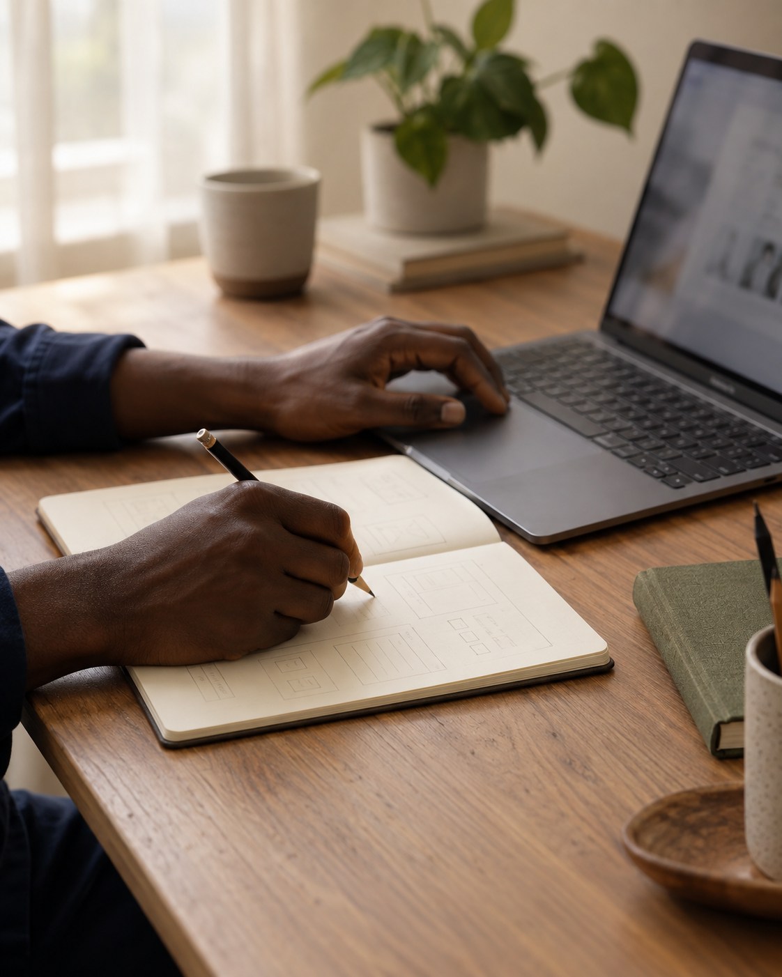 Conceptual photograph of working hands making notes beside a laptop, illustrating care in software engineering