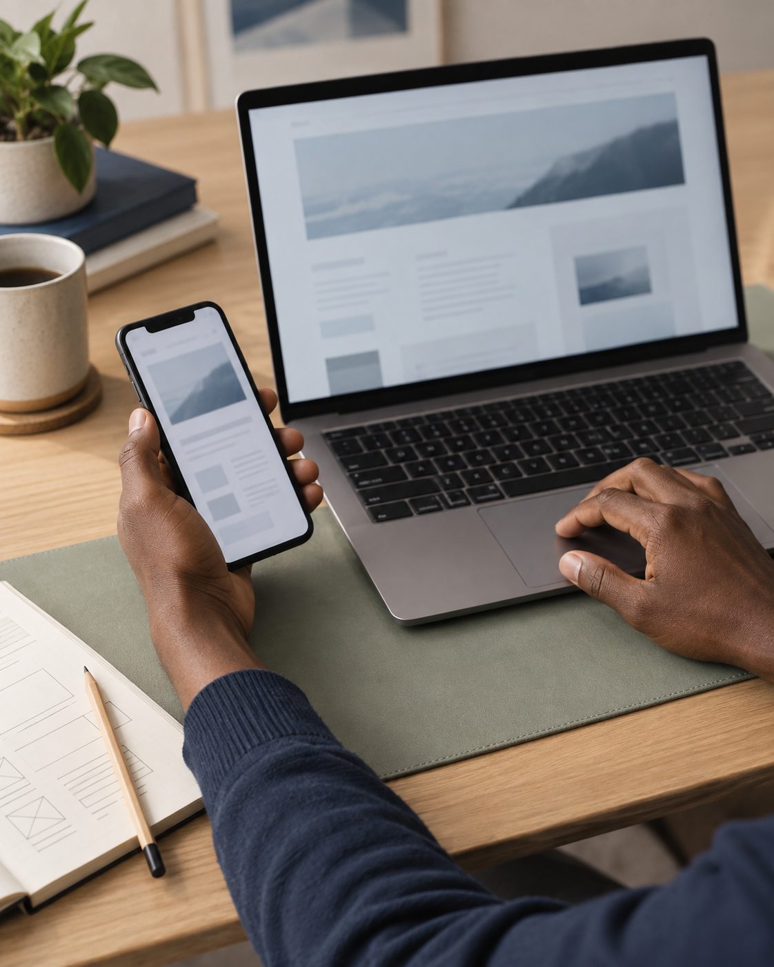 Conceptual photograph of hands reviewing a website on a phone and laptop beside a notebook