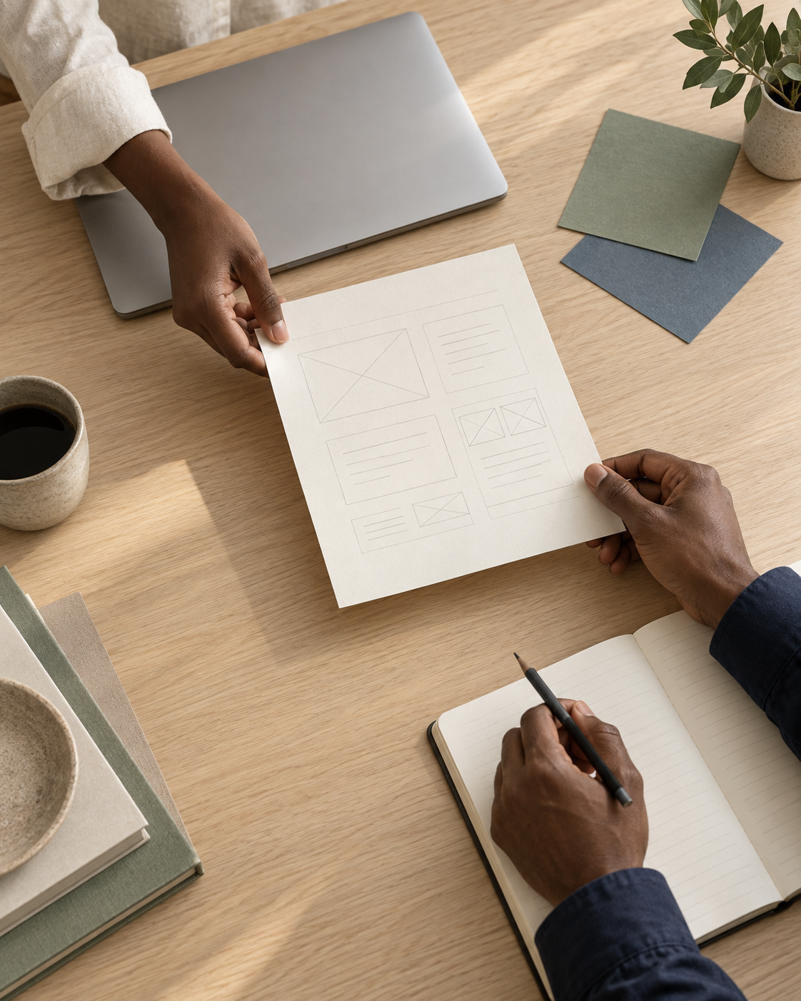 Conceptual overhead photograph of two people sharing a paper wireframe and notebook across a desk