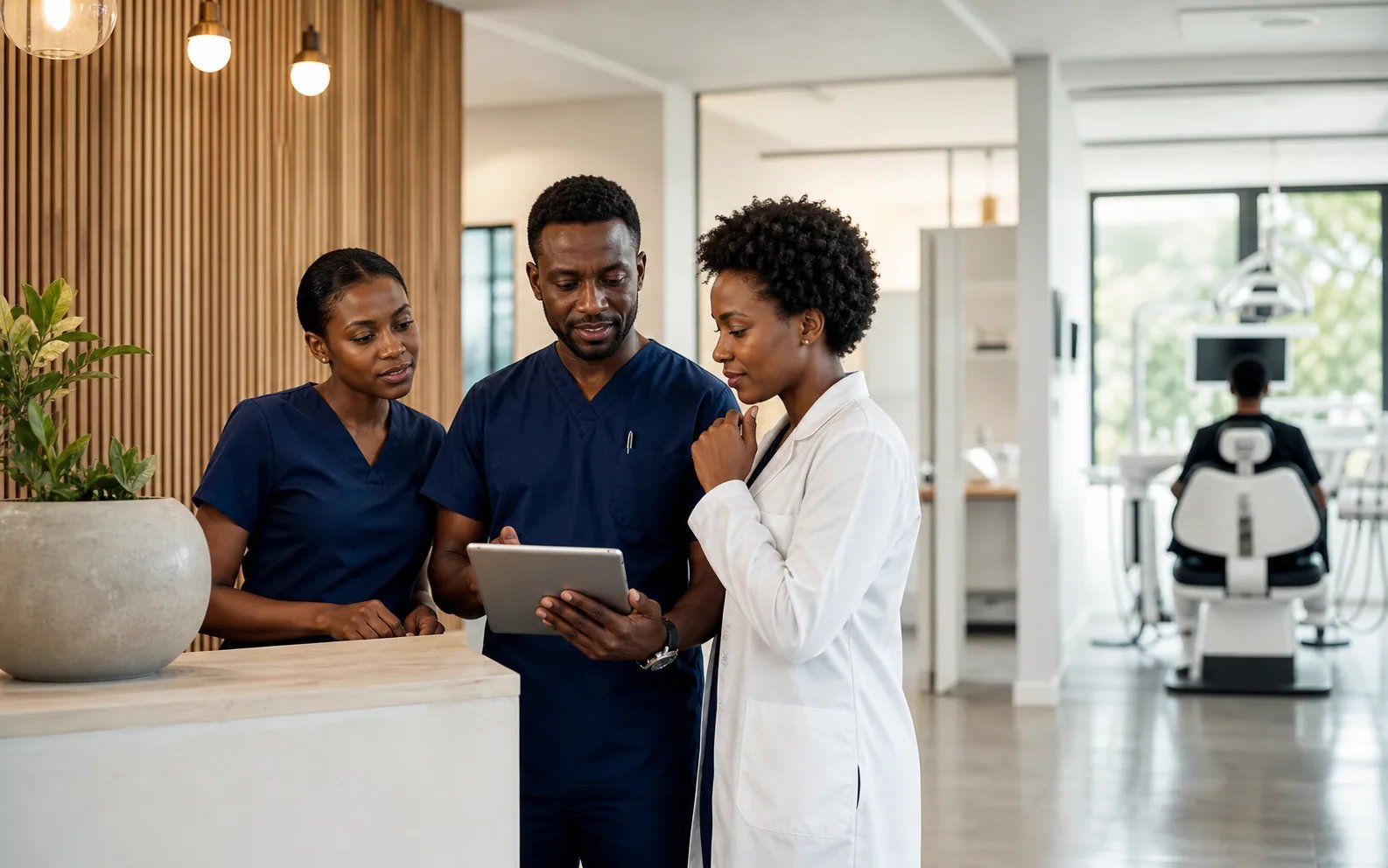 Illustrative healthcare scene: a clinical team reviewing information on a tablet