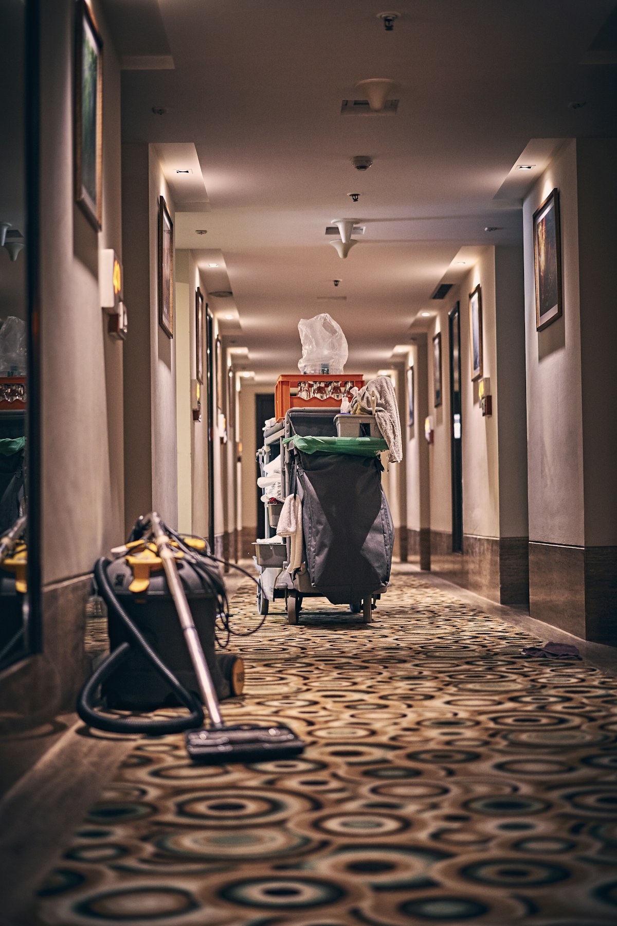 Housekeeping cart in a hotel corridor