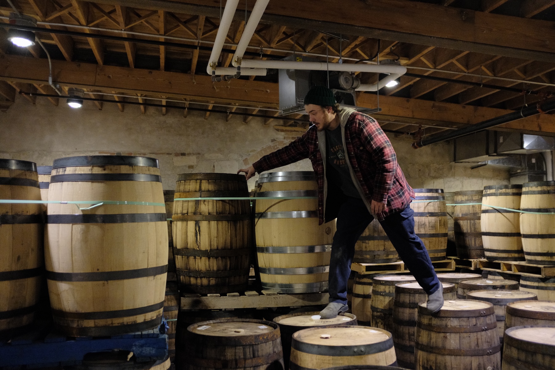 Quinn Sleeman, the cooper at Spring Mill Distillery showing us the rackhouse.