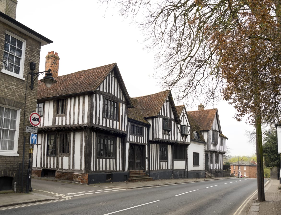A row of old half-timbered buildings in the town of Sudbury in Suffolk